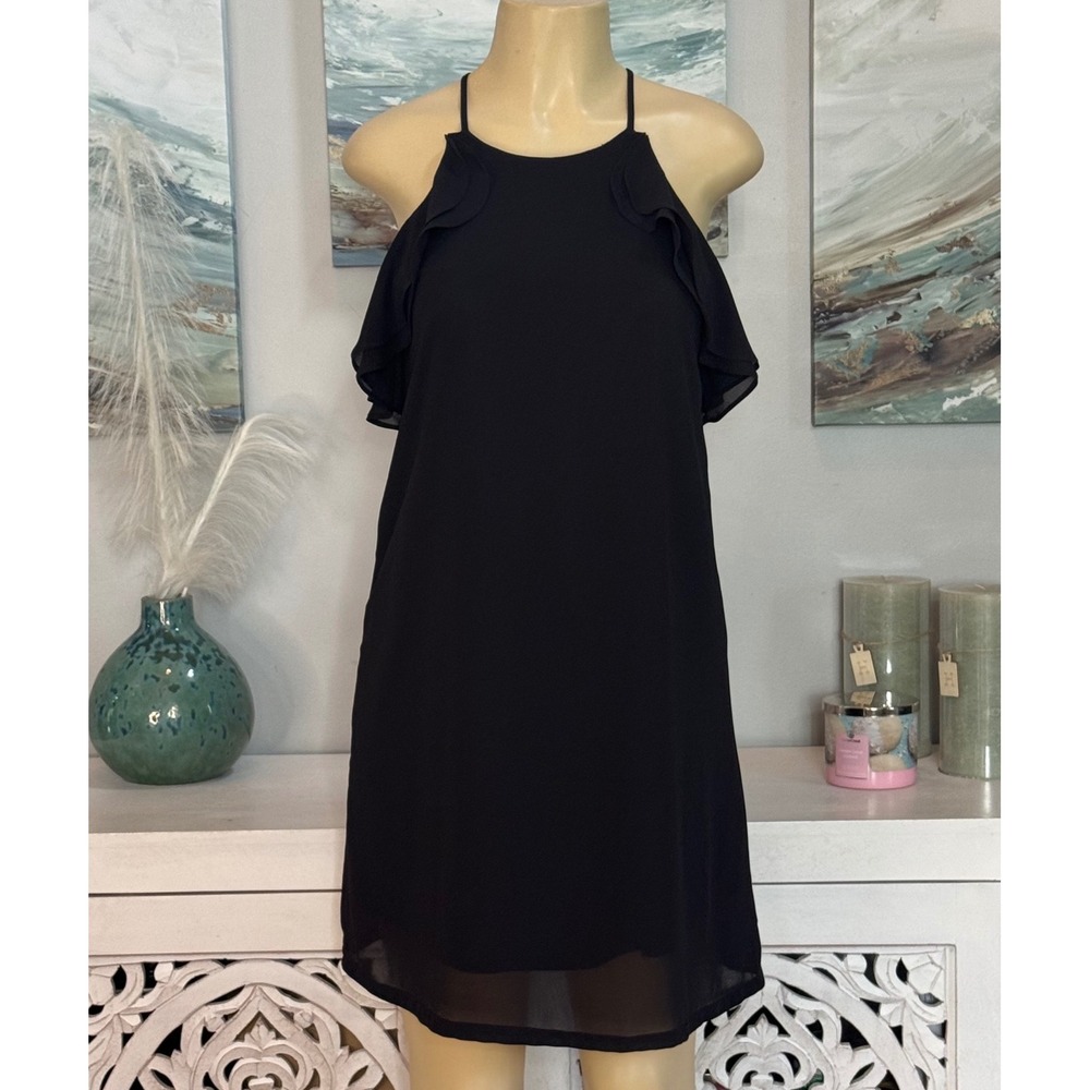 YA Los Angeles Black Silk Ruffle Cold Shoulder Dress M